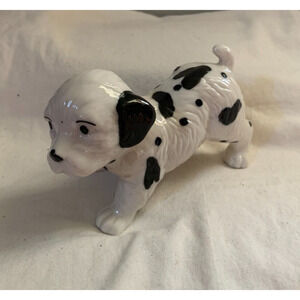Vintage Porcelain Spotted Puppy Dog Figurine White Black Spots 3.5" Tall